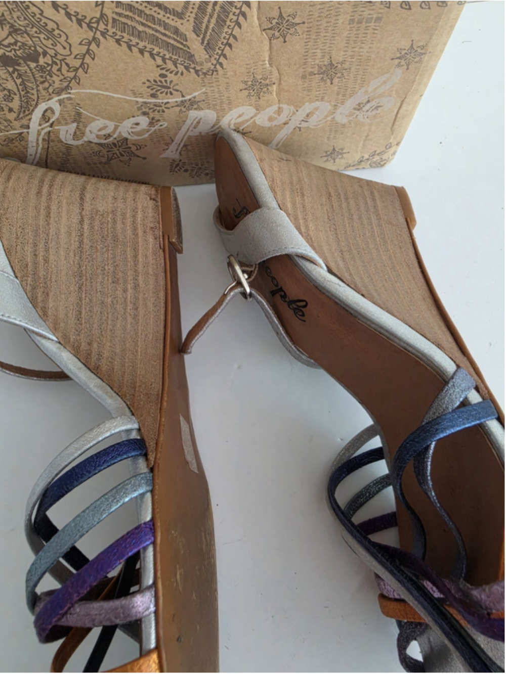Free People Golden Hour Metallic Wedge Sandals Silver Multicolor Strappy 41 / 11 - Picture 7 of 12